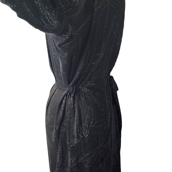 Halston Heritage Black & Silver Patterned Dress With Tie Waist & Flared Sleeves - Picture 9 of 16